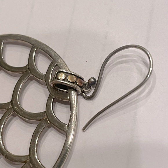 John Hardy Naga Disc earrings on hook. Sterling Silver w 3 18k Gold dots at top - Picture 6 of 10